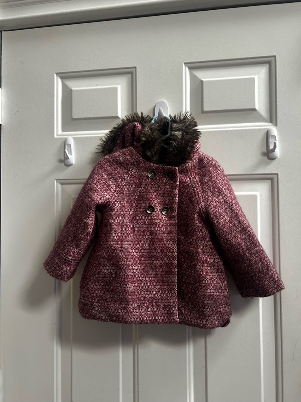 Zara Girls' Pink Wool-Blend Hooded Coat with Faux Fur Trim Sz 2-3 years